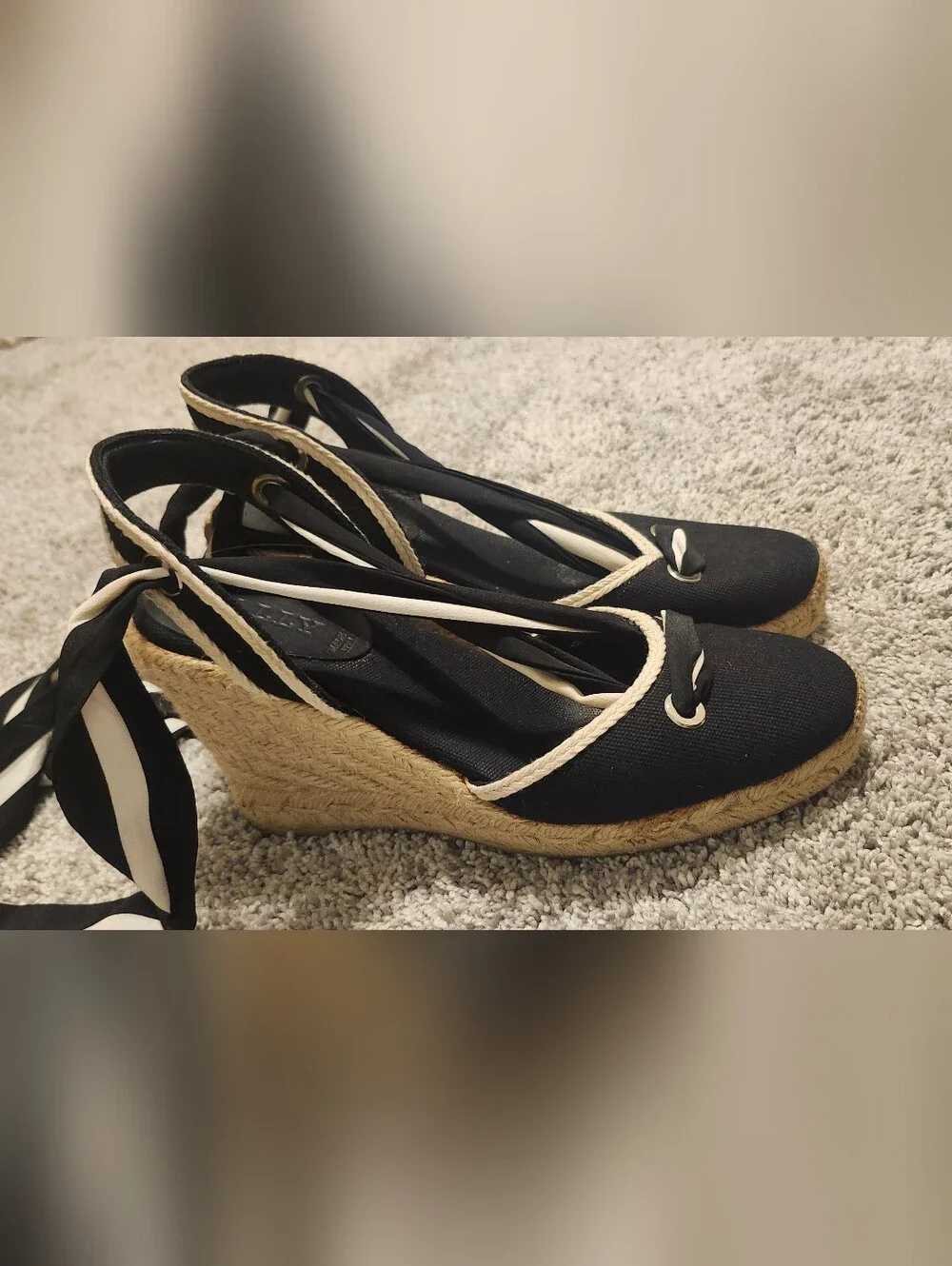 Bally $590 Wedge Espadrilles Size 8 Black/White Logo Ankle Tie